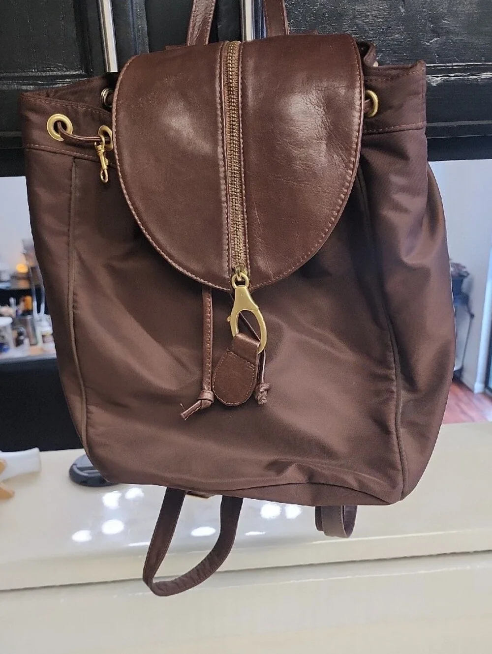 Saks Fifth Avenue Brown Nylon & Leather Drawstring Backpack